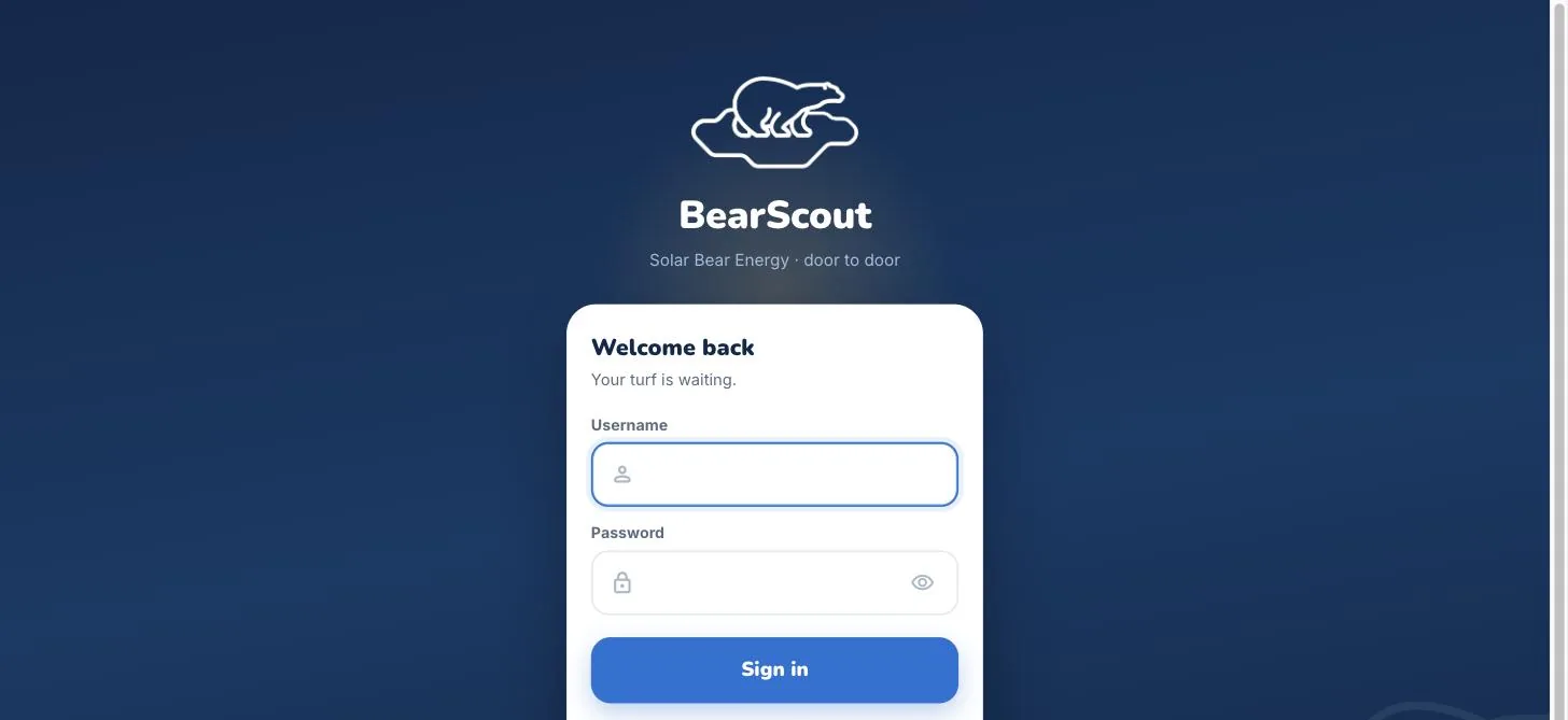The app's sign-in screen carrying Solar Bear Energy's bear mark, the BearScout name, and their navy and blue colours.