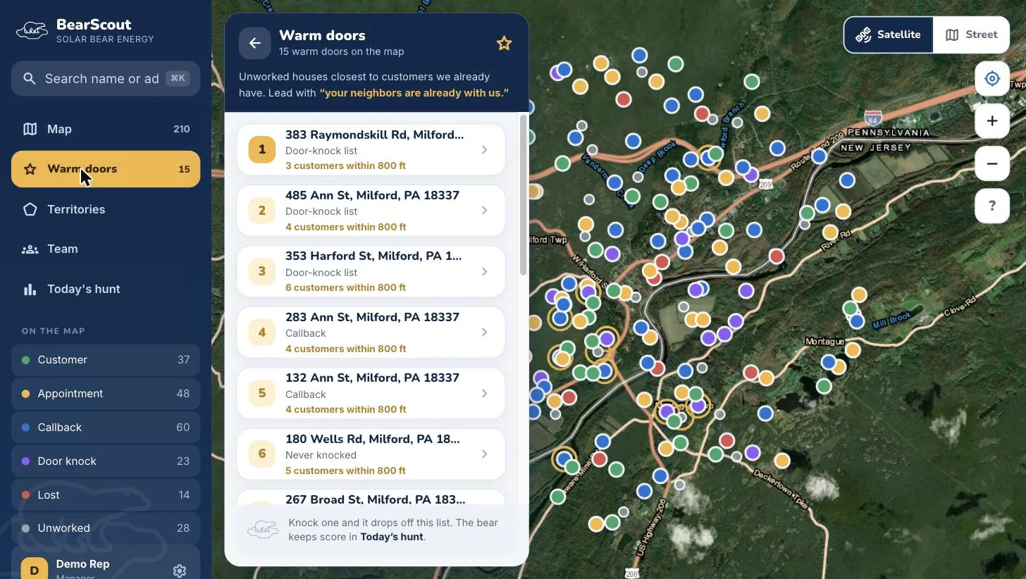The warm doors panel listing unworked addresses ranked by how many existing customers are within 800 feet.