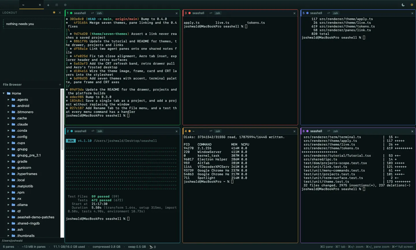 SeaShell running six terminal panes tiled in one window: a git log, a test suite, a process table and a diff, with a file explorer and the Lookout card rail down the left side.